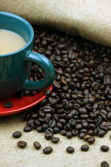Coffee Beans And A Cup Of Coffee Royalty Free Stock Photo