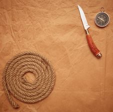 Hunting Knife, Rope And Compass Royalty Free Stock Images