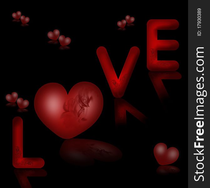 Word love and red hearts on black background. Word love and red hearts on black background