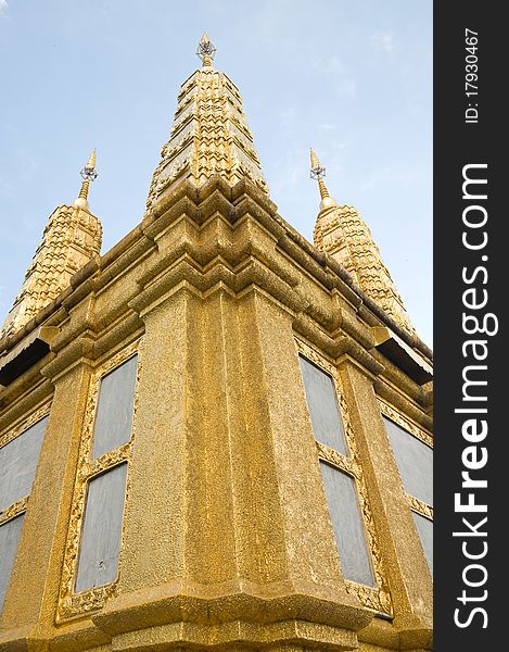 Old golden pagoda on mountain at Ratchaburi province Thailand