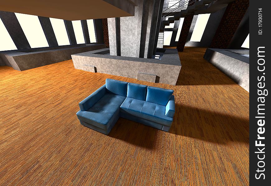 Interior gallery with blue sofa. Interior gallery with blue sofa