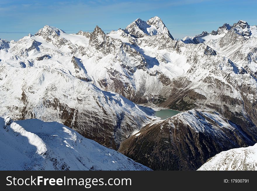 Beautiful winter mountains. Scenic view of Austrian Alps. Beautiful winter mountains. Scenic view of Austrian Alps