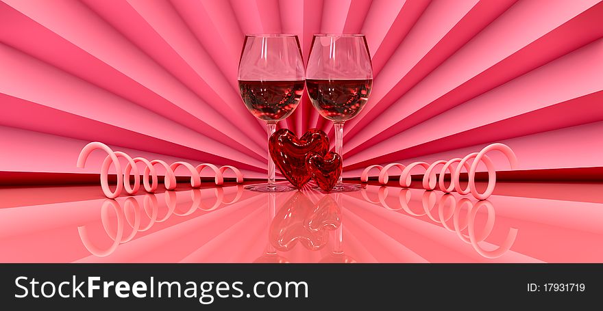 Two wineglass with two hearts as symbol love on valentine's day on February, 14th. Two wineglass with two hearts as symbol love on valentine's day on February, 14th