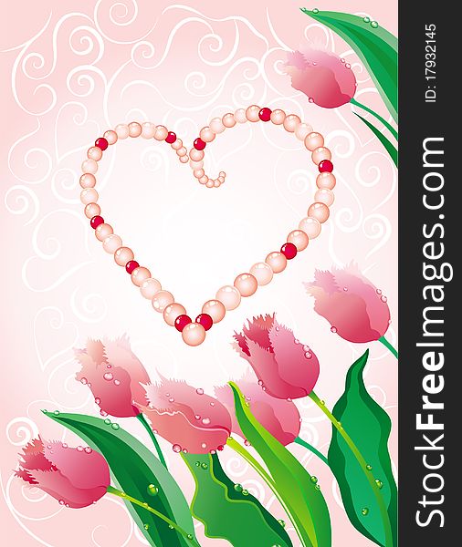 Pink pearls with pink tulips on abstract background. Pink pearls with pink tulips on abstract background