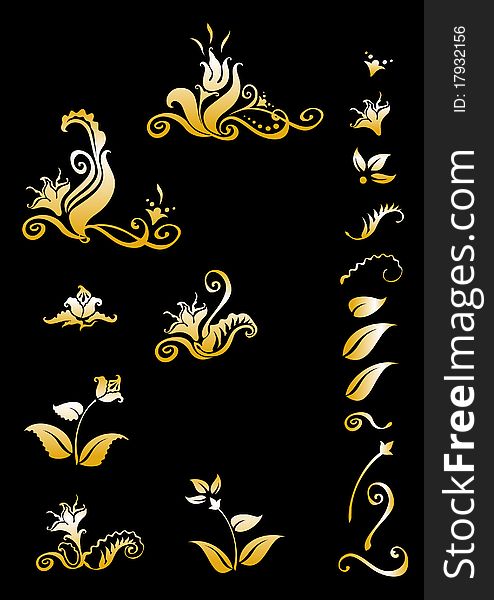 Set of decorative golden elements for design isolated on black. Set of decorative golden elements for design isolated on black