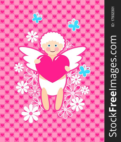 Cute cupid on pink background with hearts