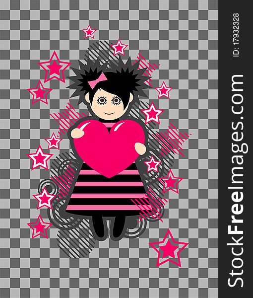 Emo girl and heart. Vector illustration