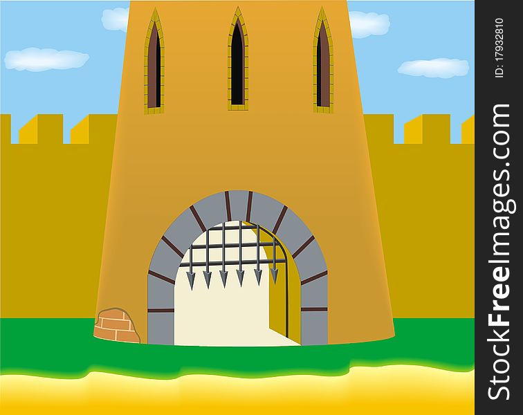 Open gates in yellow tower of fort or castle. Open gates in yellow tower of fort or castle