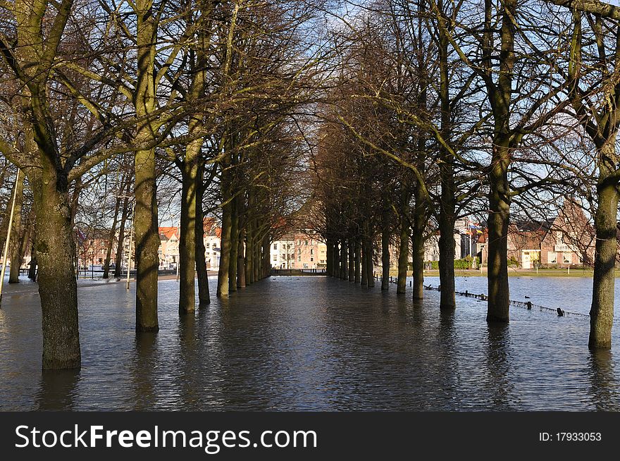 High water near center of little city in Holland. High water near center of little city in Holland