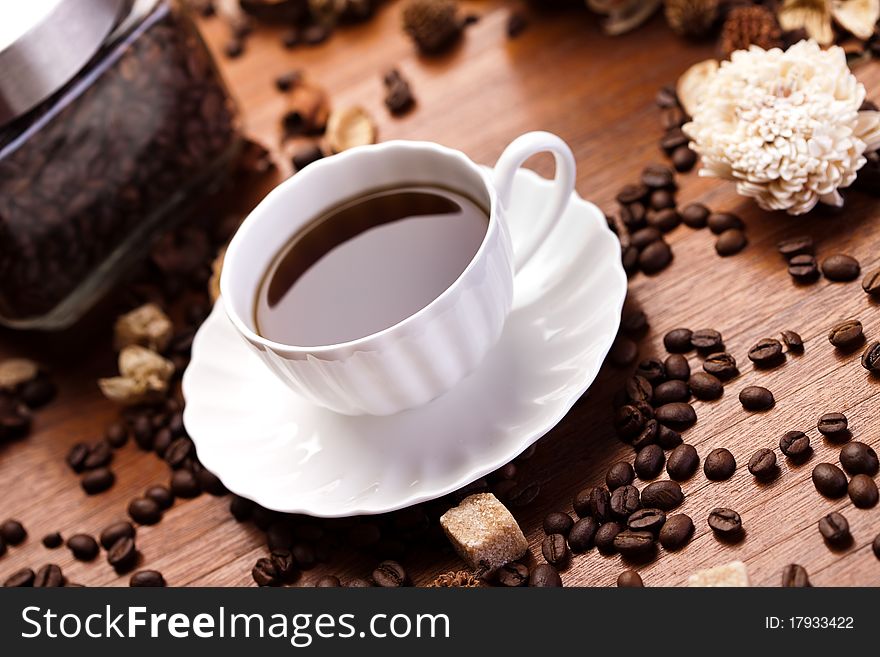 Aroma coffee over wooden background