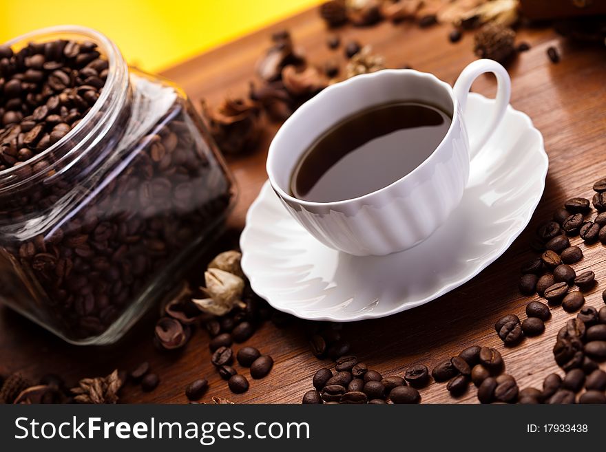 Aroma coffee over wooden background