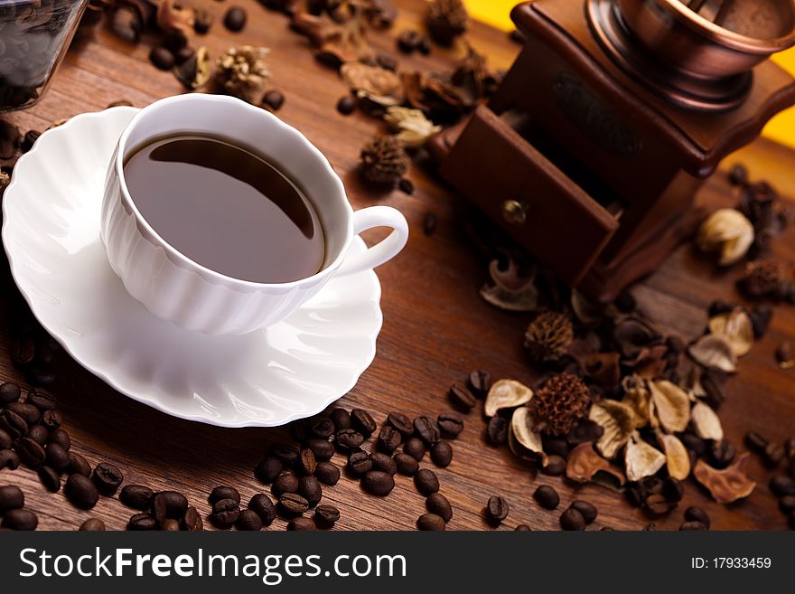 Aroma coffee over wooden background