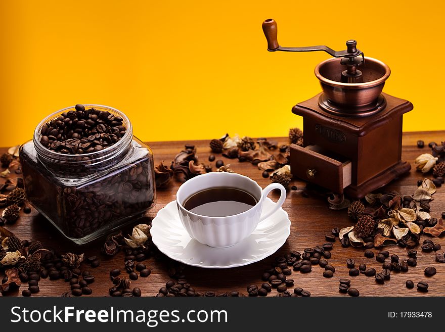 Aroma coffee over wooden background