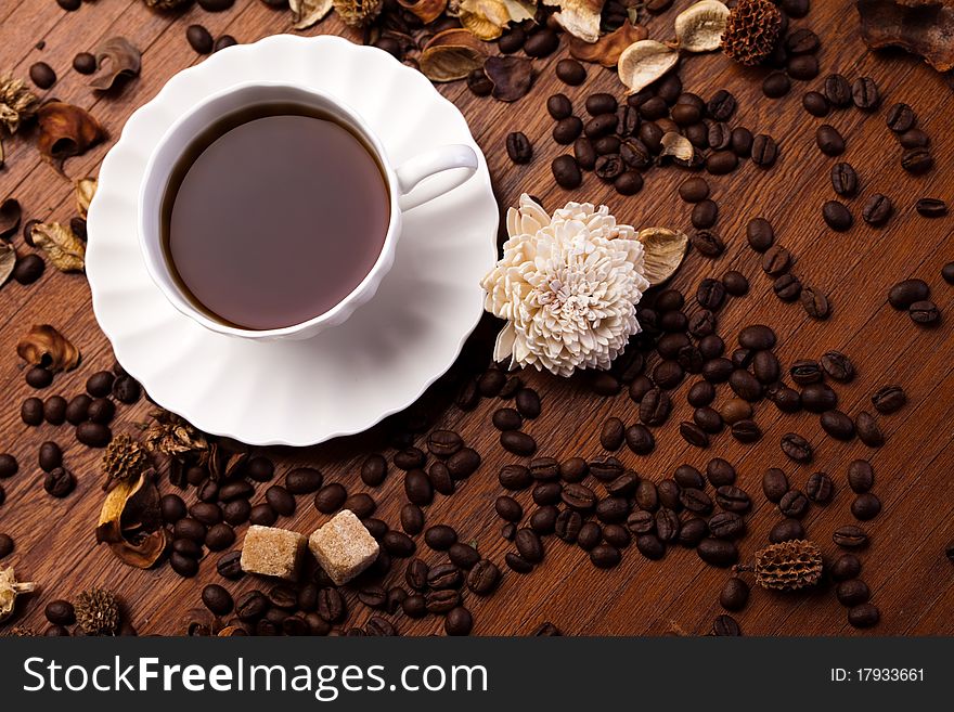 Aroma coffee over wooden background