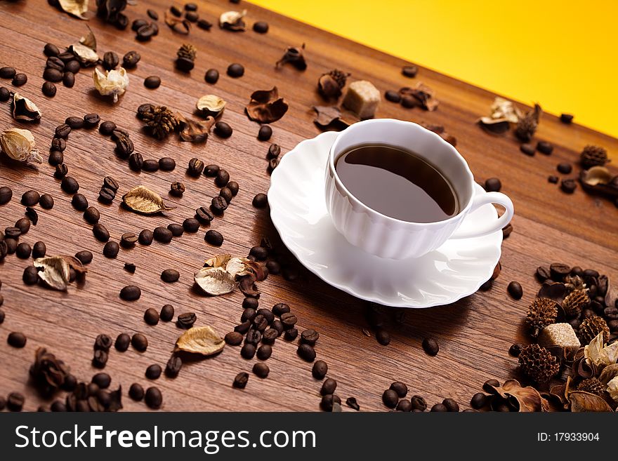 Aroma coffee over wooden background