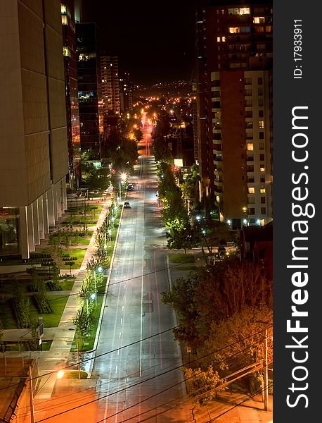 Night view of a street in Las Condes in Santiago. Night view of a street in Las Condes in Santiago