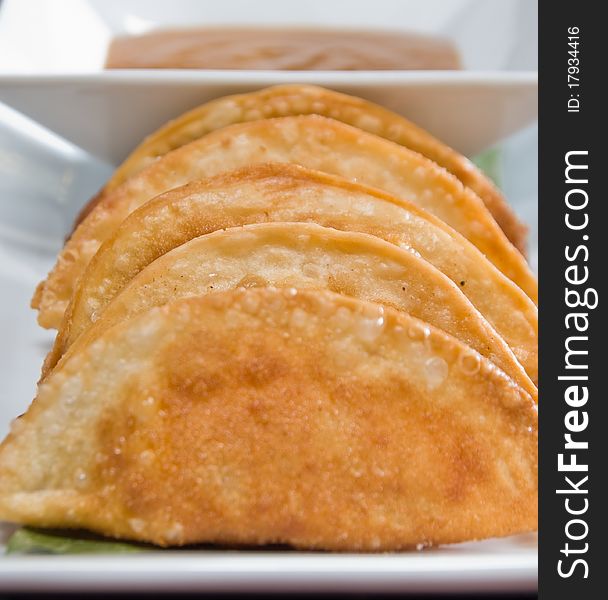Pot sticker appetizer with dipping sauce