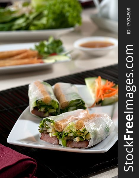 Grilled pork plate with rice paper wraps. Grilled pork plate with rice paper wraps
