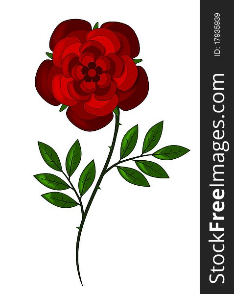 Red rose with green leaves in grunge style.