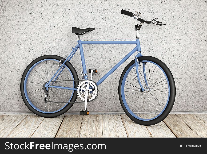 Bicycle with a blue frame in an empty old room with wooden floors