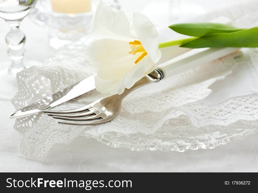 Festive place-setting with white tulip and napkin