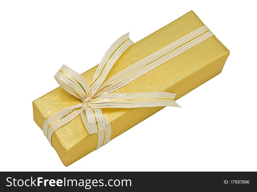 Gold gift box with gold ribbon on white background.