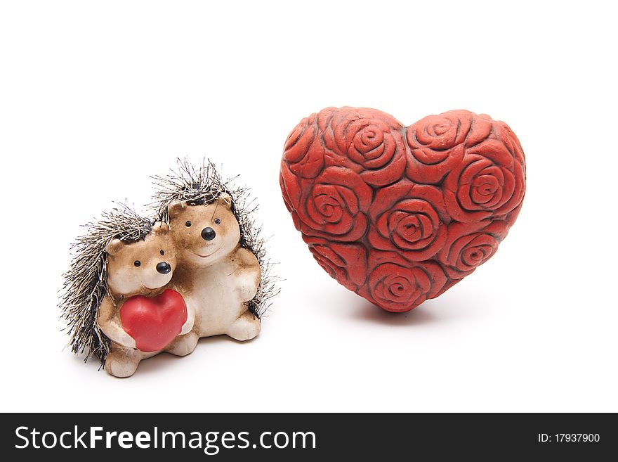 Ceramics hedgehog pair with heart and rose