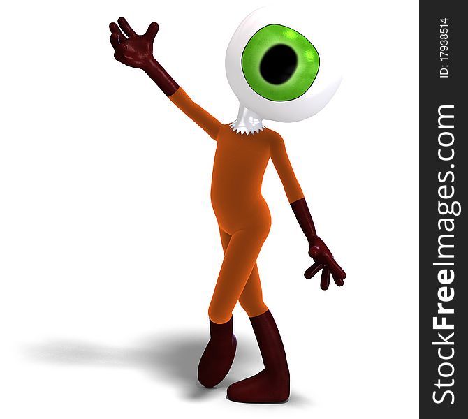 Funny and cute cartoon guy with a great eye. 3D rendering with clipping path and shadow over white
