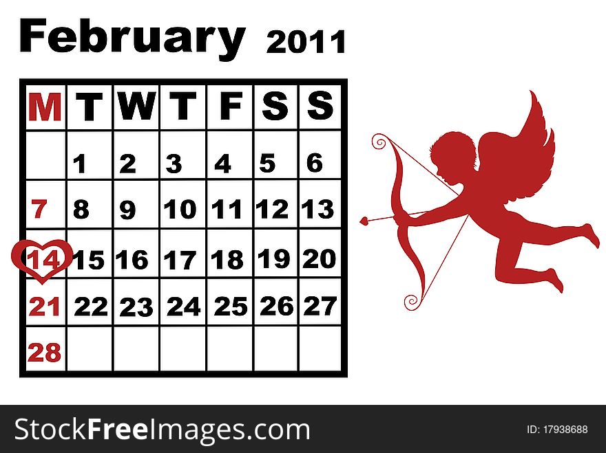February calendar with red cupid isolated on white