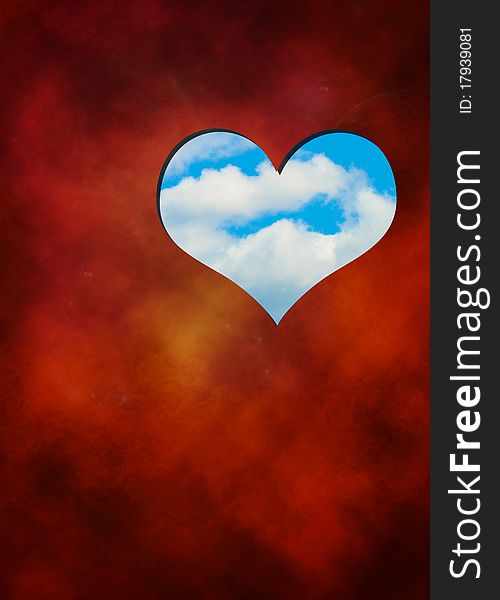 The cut out in red background heart against blue sky; digital illustration. The cut out in red background heart against blue sky; digital illustration