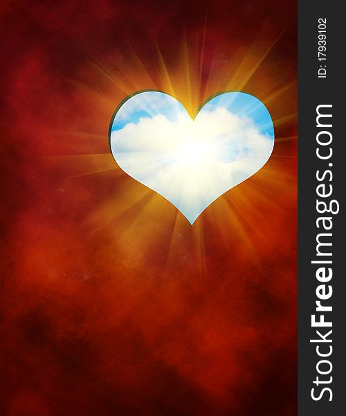 The cut out in red background hearts against blue sky with light; digital illustration. The cut out in red background hearts against blue sky with light; digital illustration