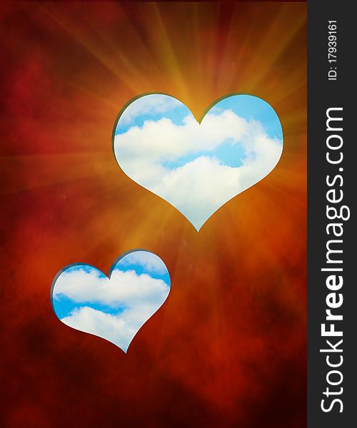 The cut out in red hearts against blue sky; digital illustration