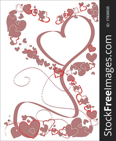 Violet ribbon in the shape of the heart. Frame ribbon and hearts in red and violet color. Free text. Violet ribbon in the shape of the heart. Frame ribbon and hearts in red and violet color. Free text.