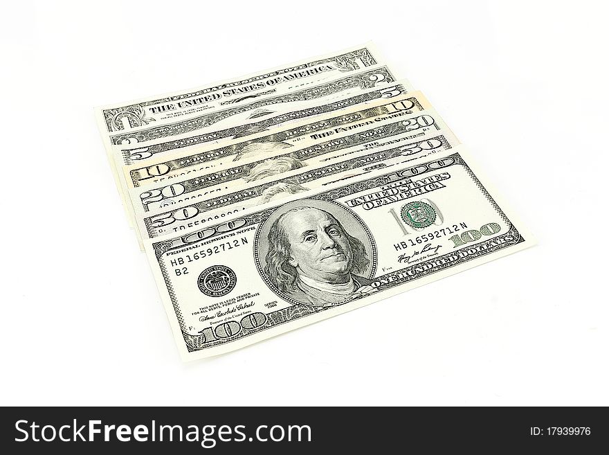 Set of dollars of all values on a white background