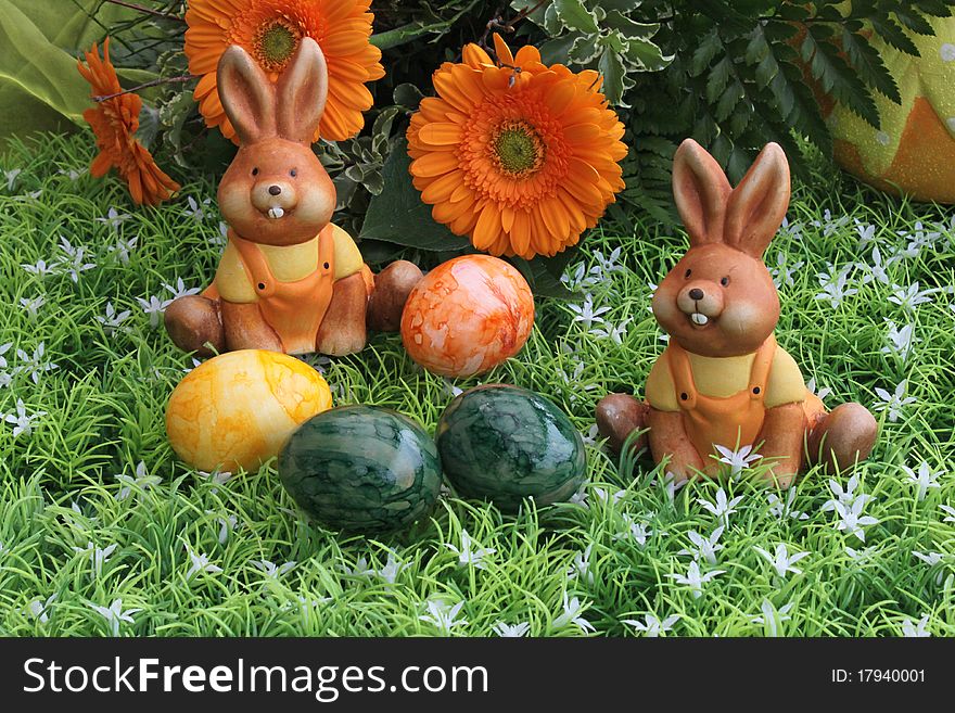 Funny bunny with Easter eggs. Funny bunny with Easter eggs