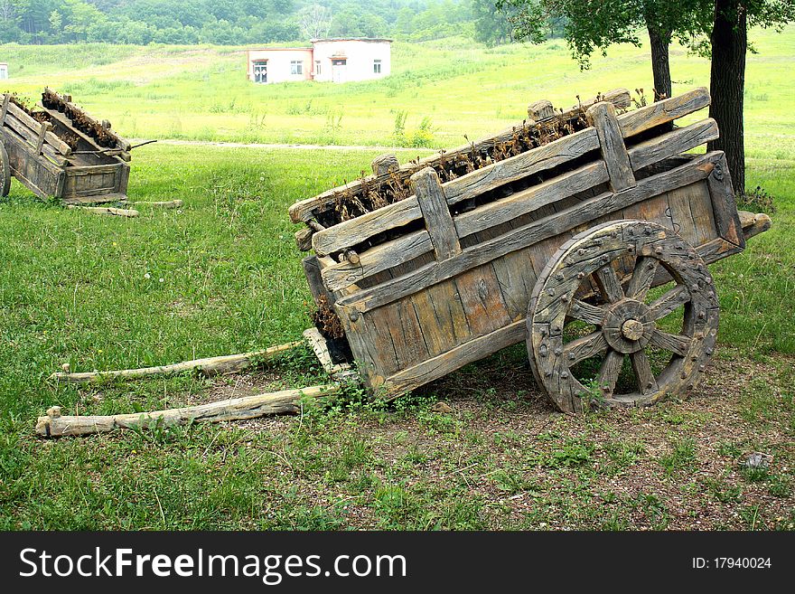 Wooden man drawn trucks on the grass in a farm in china