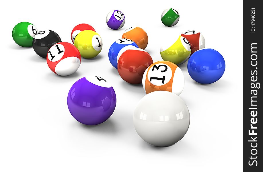 Billiard balls out of American billiards on a white background