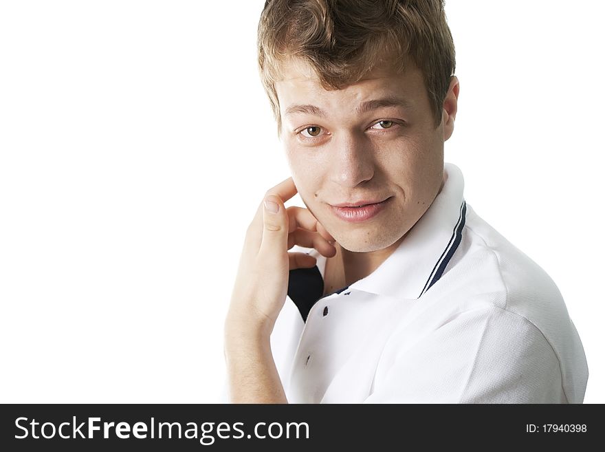 White young man touching his neck and looking on you