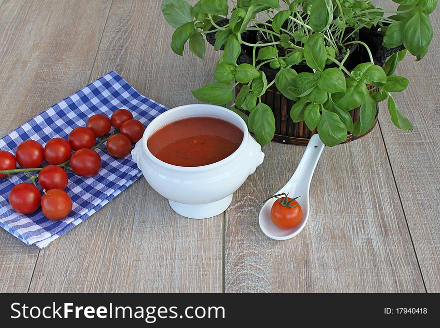 Vegetarian cuisine with basil and tomato soup