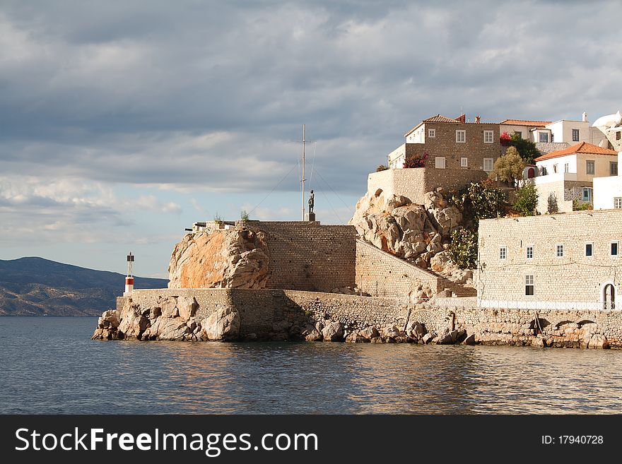 Walled town on the shore of Hydra island, Greece