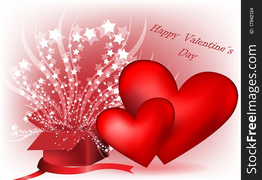 Valentine background with two red hearts and gift