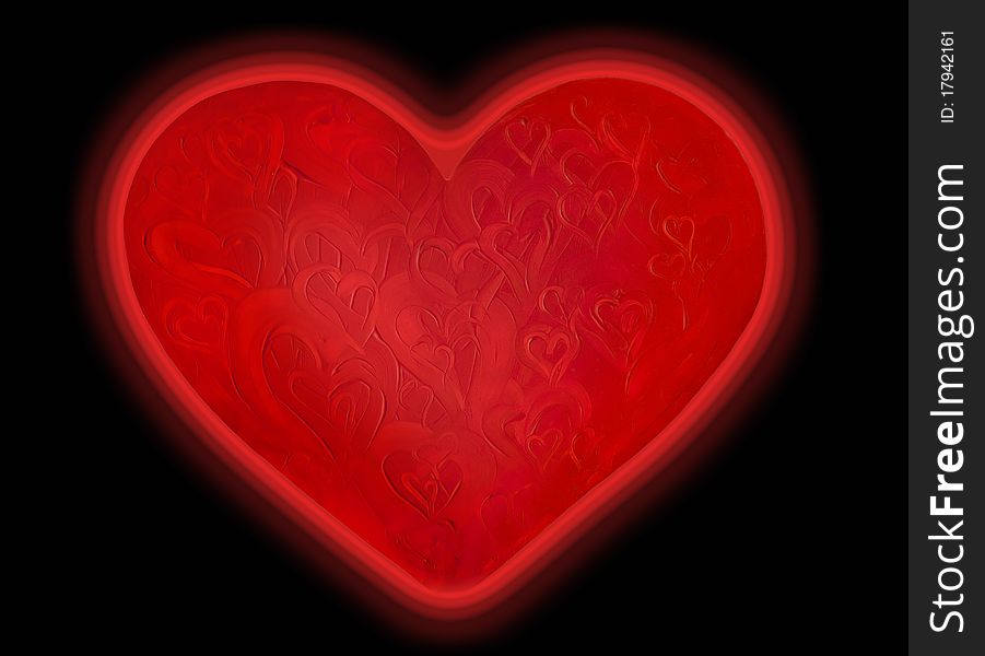 Isolated paint-texture red glowing heart on black