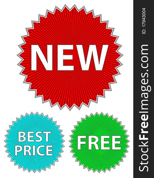 Colored stickers with new , best price and free text