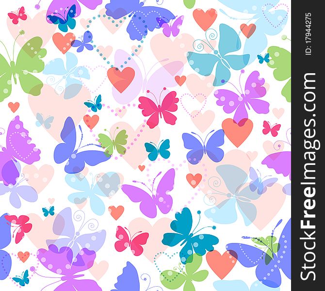 White seamless valentine pattern with hearts and butterflies