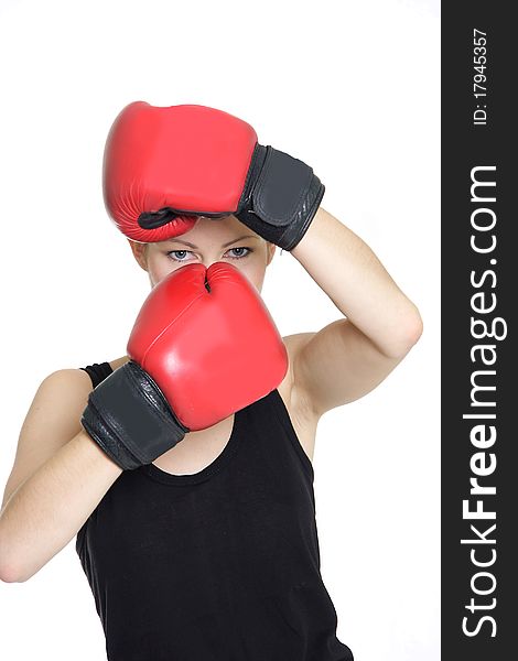 Woman boxer over white background