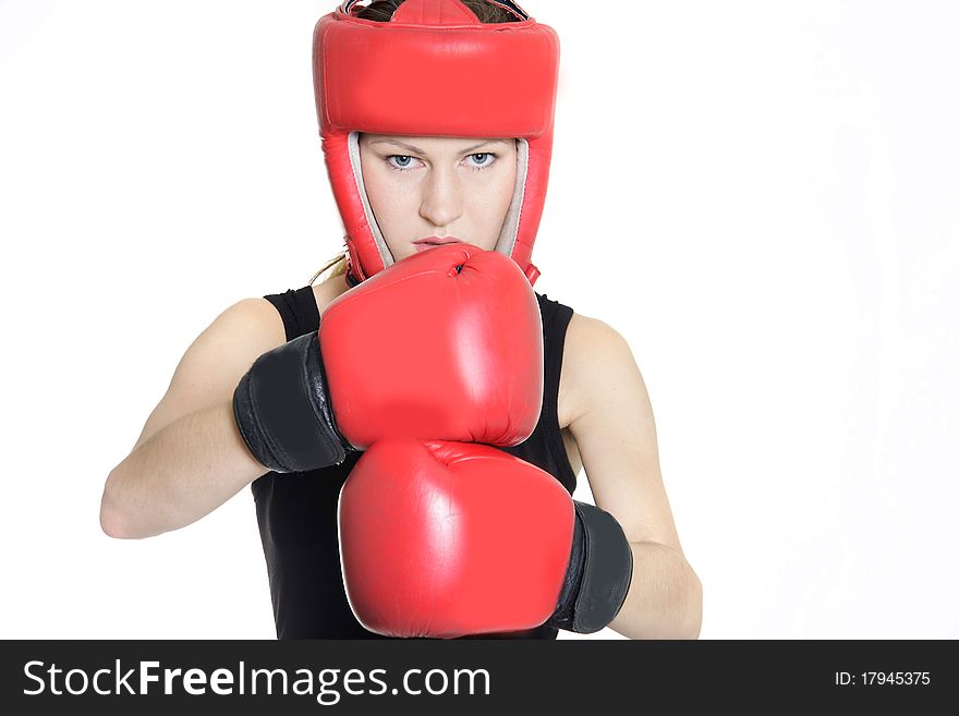 Woman boxer over white background