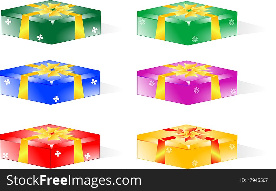 Colorful gift box with glossy yellow ribbon bow