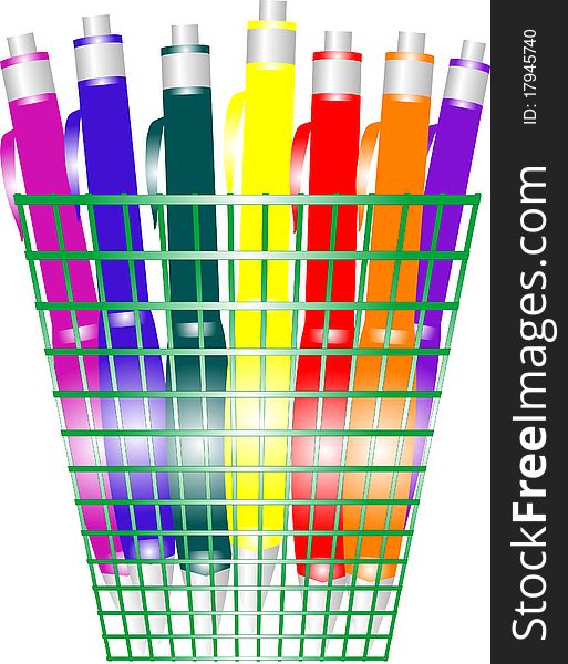 Holder full of pens in various colors isolated in white