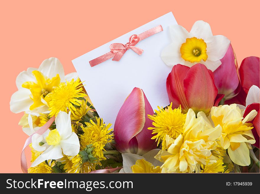 Postcard with a bow and spring flowers. Postcard with a bow and spring flowers