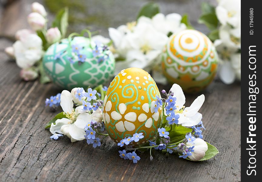 Easter Eggs  And  Springs Flowers